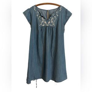 Embroidered Chambray Shift Dress - Blue